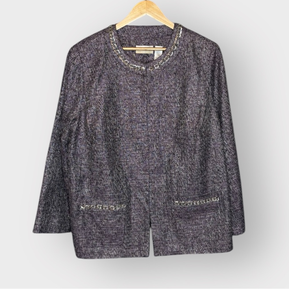 Alfred Dunner 16W Black Purple Tweed‎ Blazer Jacket Chain Embellishment Trim